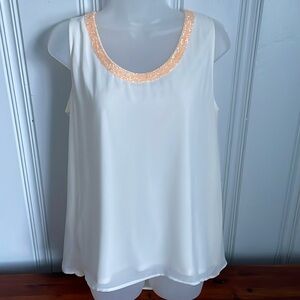 NWT Ann Taylor White Crepe Tank Top with Iridescent Peach Beaded Trim - M